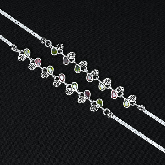 Silver Anklet with Waterdrop Buds and Red, Green Stone Accents