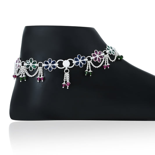 Flower design silver payal with multicolour stones