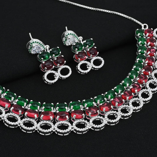 Elegant gemstone necklace and earrings in premium silver bridal set.