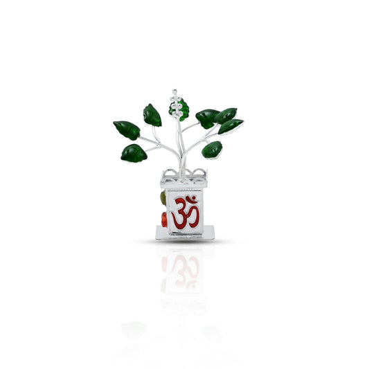 925 silver Tulsi plant featuring 'Om' engraving, designed for spiritual worship and blessings