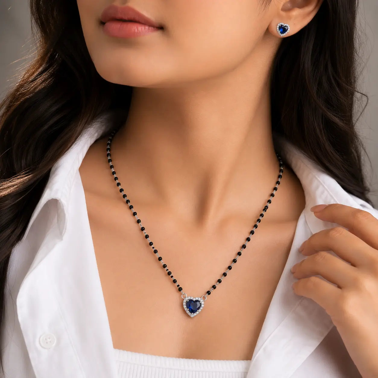 925 Silver Blue Heart Mangalsutra Set with Earrings