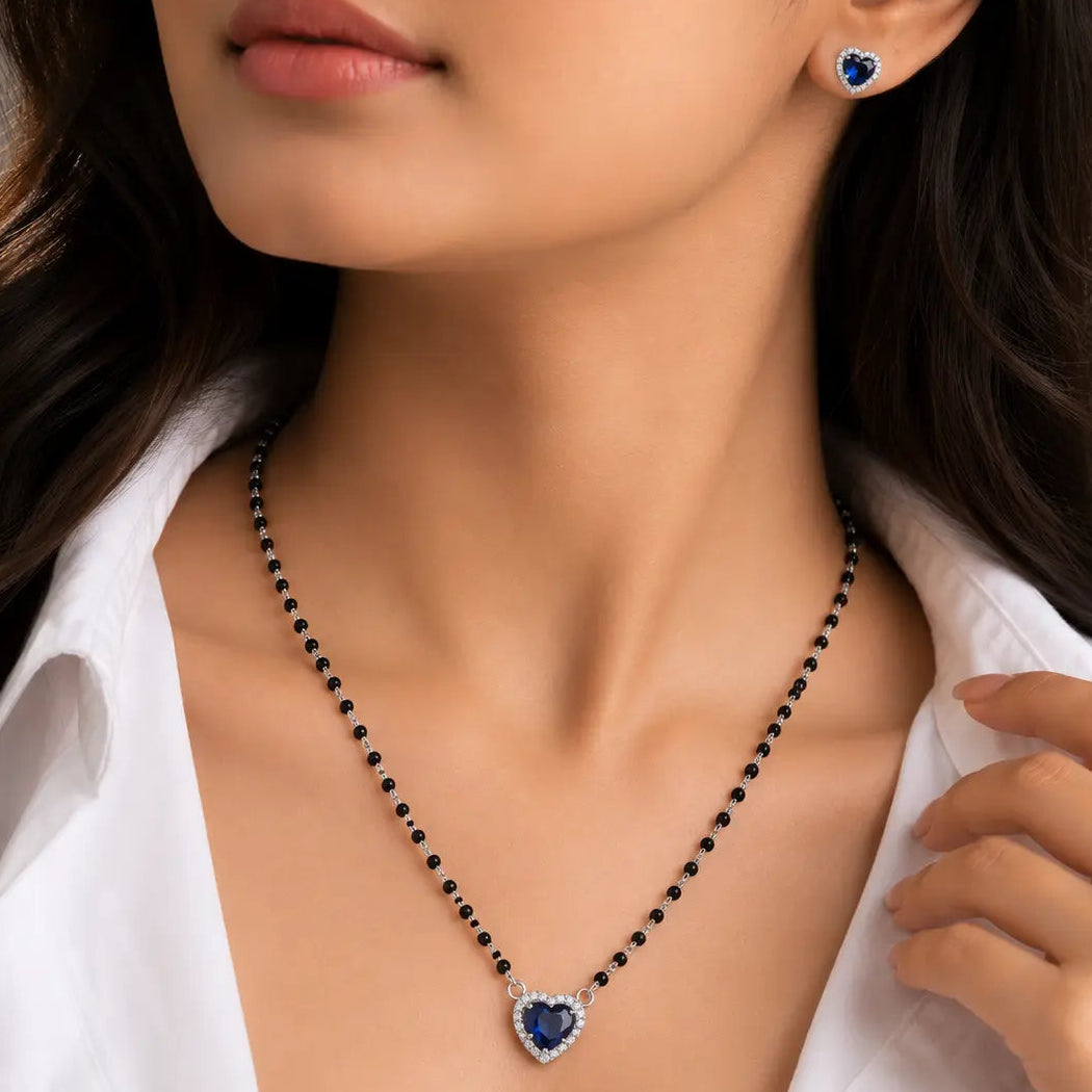 Premium 925 Silver Heart-Shaped Blue Stone Mangalsutra with Earrings