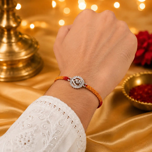 925 Sterling Silver Shri Ram Rakhi with saffron orange braided thread for brother, premium religious Raksha Bandhan Rakhi