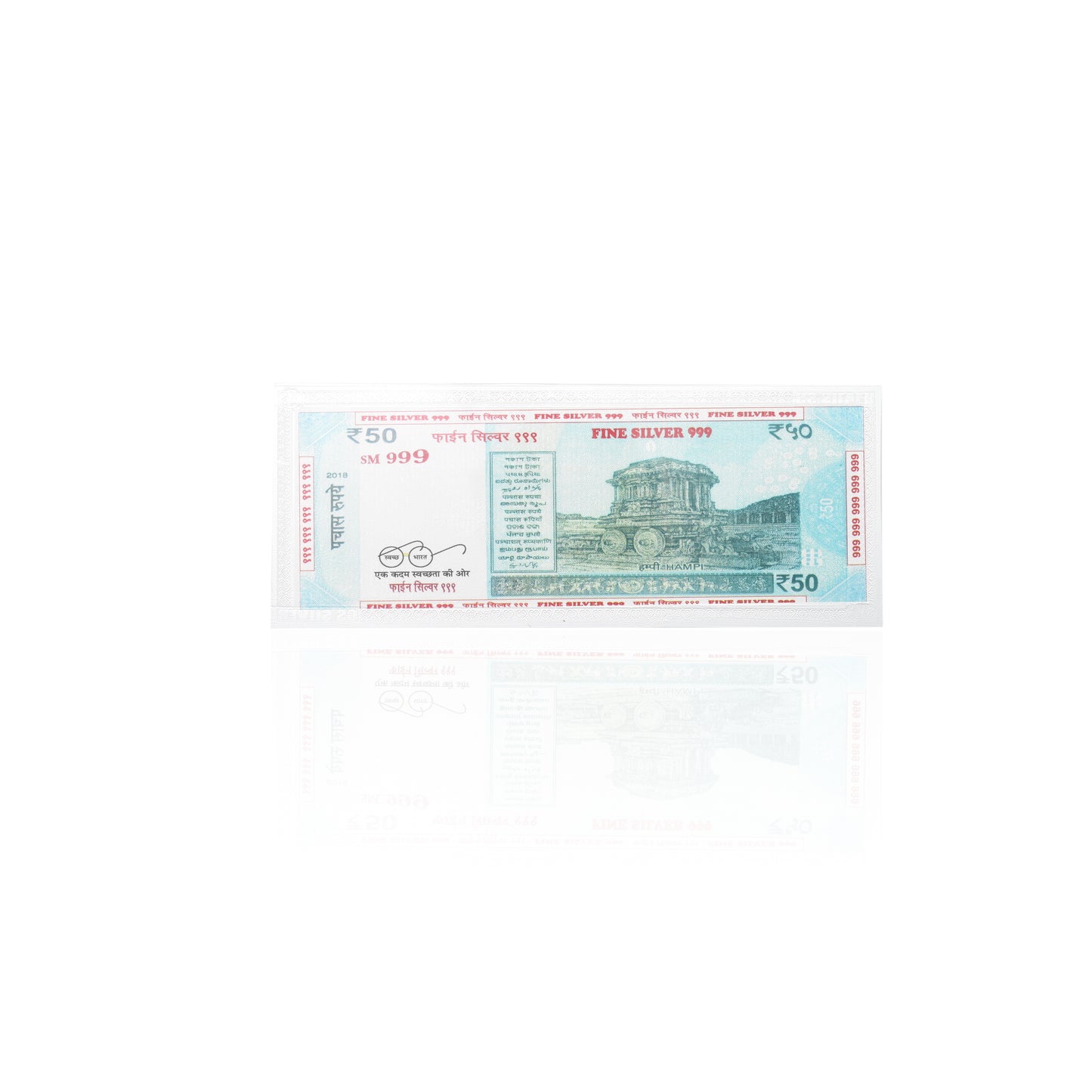 High-quality image of the exclusive 999 silver laminated 50 Rupees note, ideal for spiritual rituals and Lakshmi Poojan.