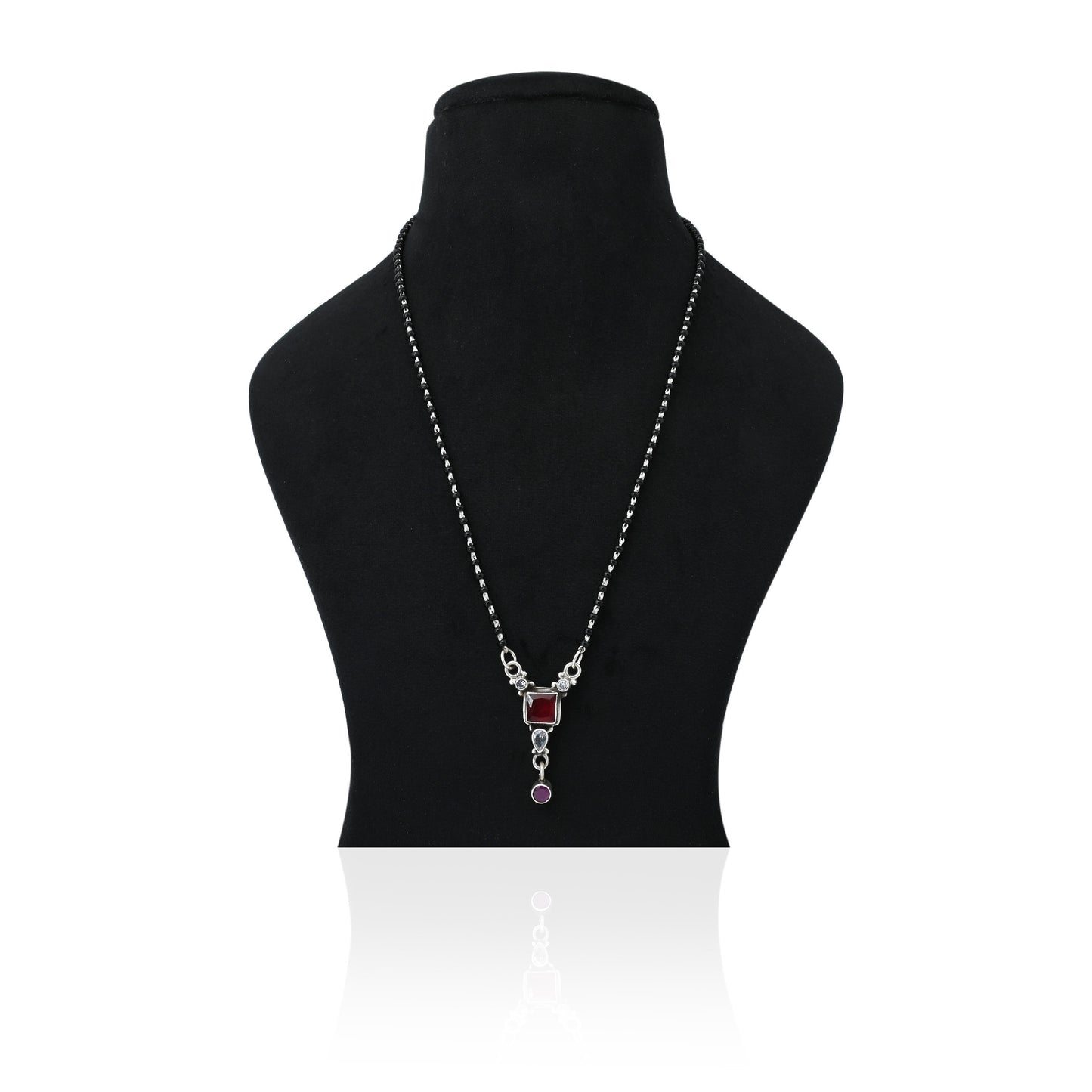 Chic silver mangalsutra with a stunning square red gemstone centerpiece