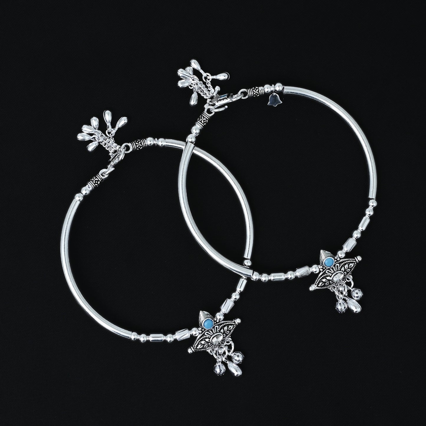 Charming silver kada payal with blue gemstones, silver beads, and ghungroos, designed for girls.