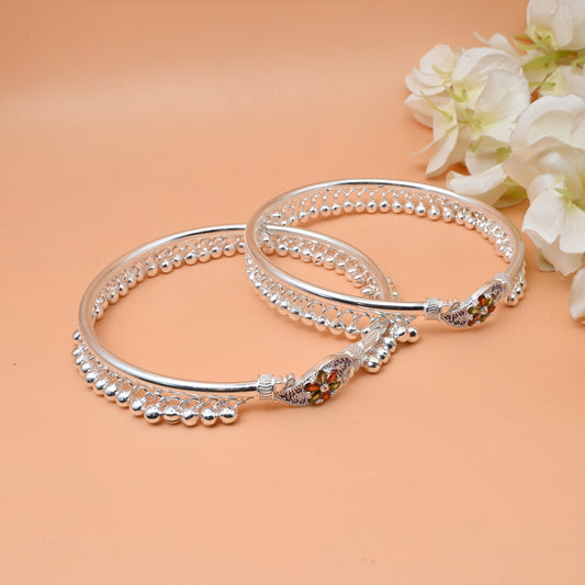 Exquisite Silver Kada Payal with Ghungroo and Elegant Stone Flower