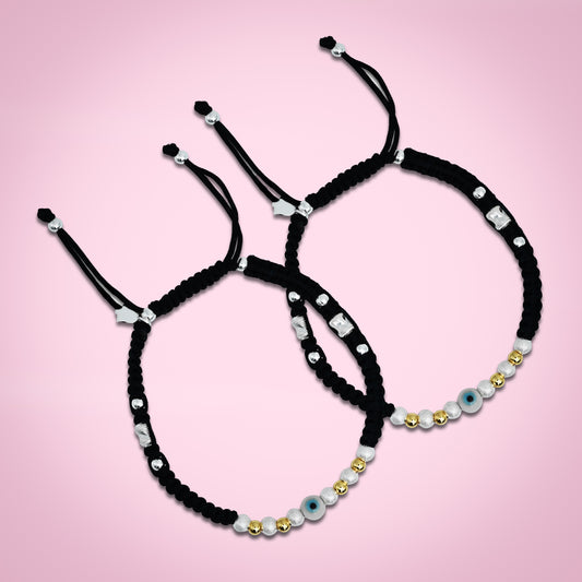 Stylish white evil eye design on a sterling silver dhaga payal for a modern touch