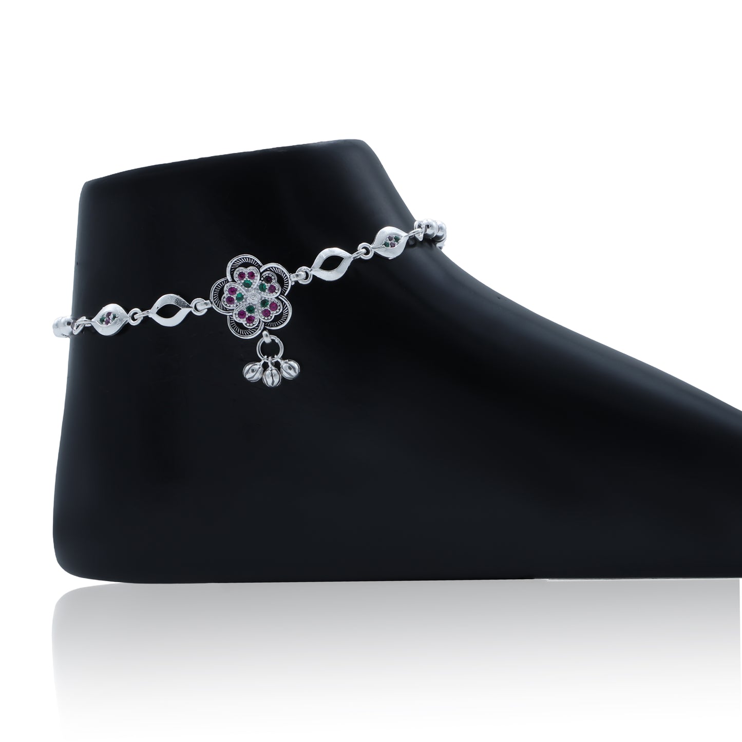 Elegant silver anklet embellished with gemstone flowers and jingling ghungroo accents