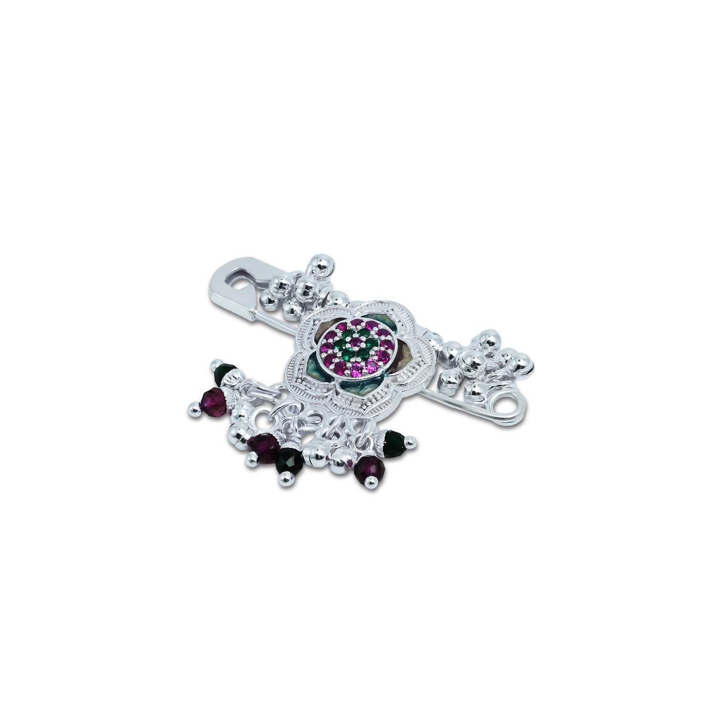 Stylish silver saree pin adorned with a flower design and vibrant multicolour stones