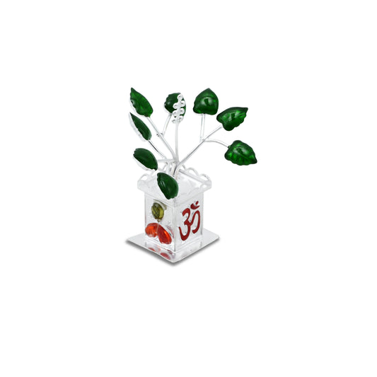 Elegant silver Tulsi plant with 'Om' symbol inscribed, perfect for religious devotion