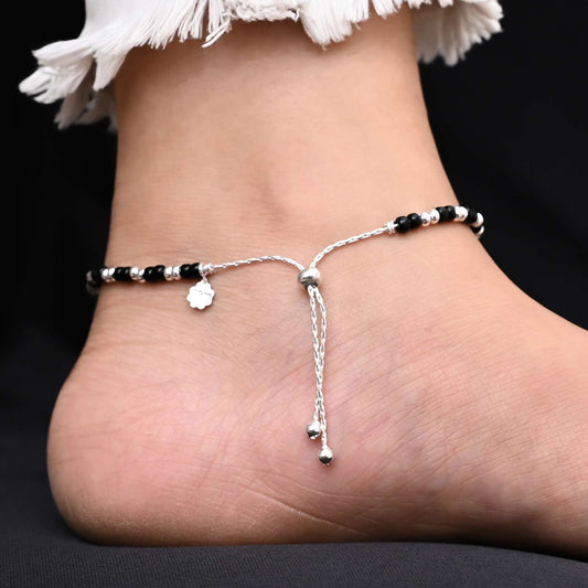 Sterling Silver Blue Gem Stone with Silver and Black Beads Anklet for Girls