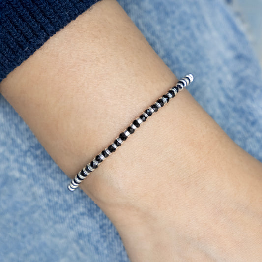 Black Beaded Silver Adjustable Bracelet