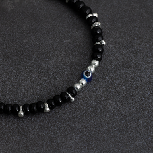 Black Beads & Blue Evil Eye Silver Baby Anklet