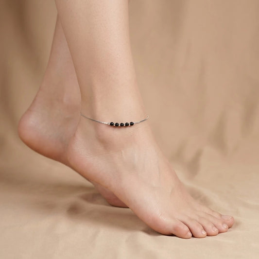 Black & Silver Beads Silver Anklet