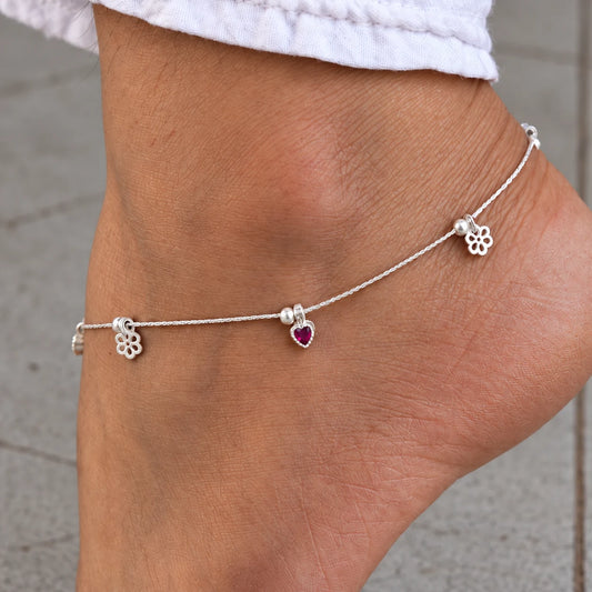 Silver Heart & Flower Charm Anklet for Women | Dainty Silver Payal