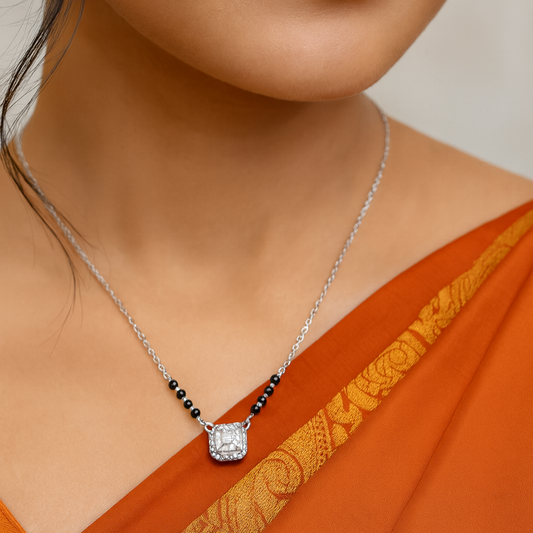 Classic Black Beaded Mangalsutra with Sparkling Square Pendant