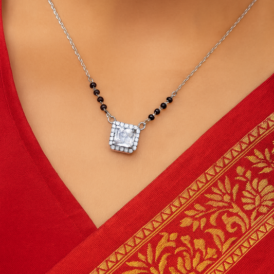 Classic Black Beaded Mangalsutra with Sparkling Square Pendant