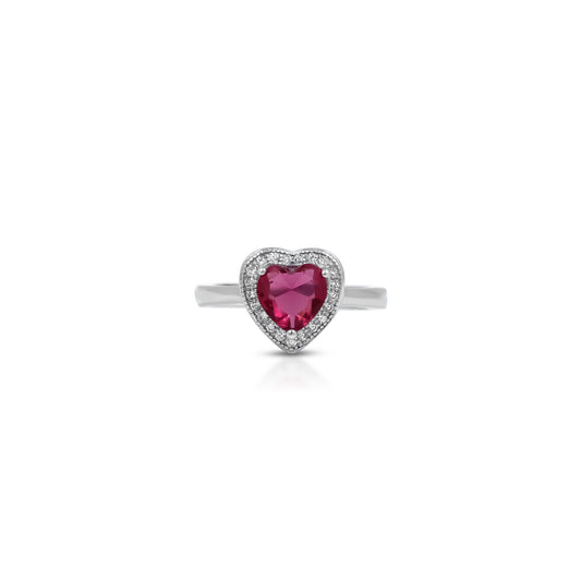 Heart design pink gemstone sterling silver ring.