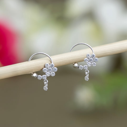 Sterling Silver Flower Hoop Dangle Earring