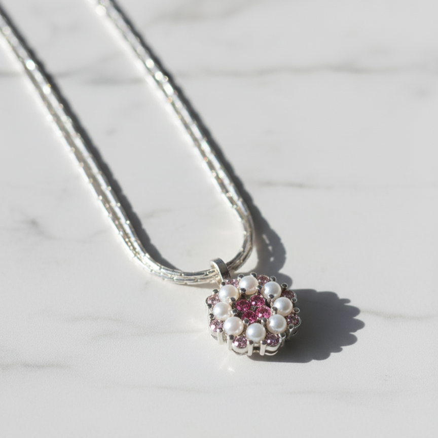 Double Chain Ruby–Pearl Flower Pendant