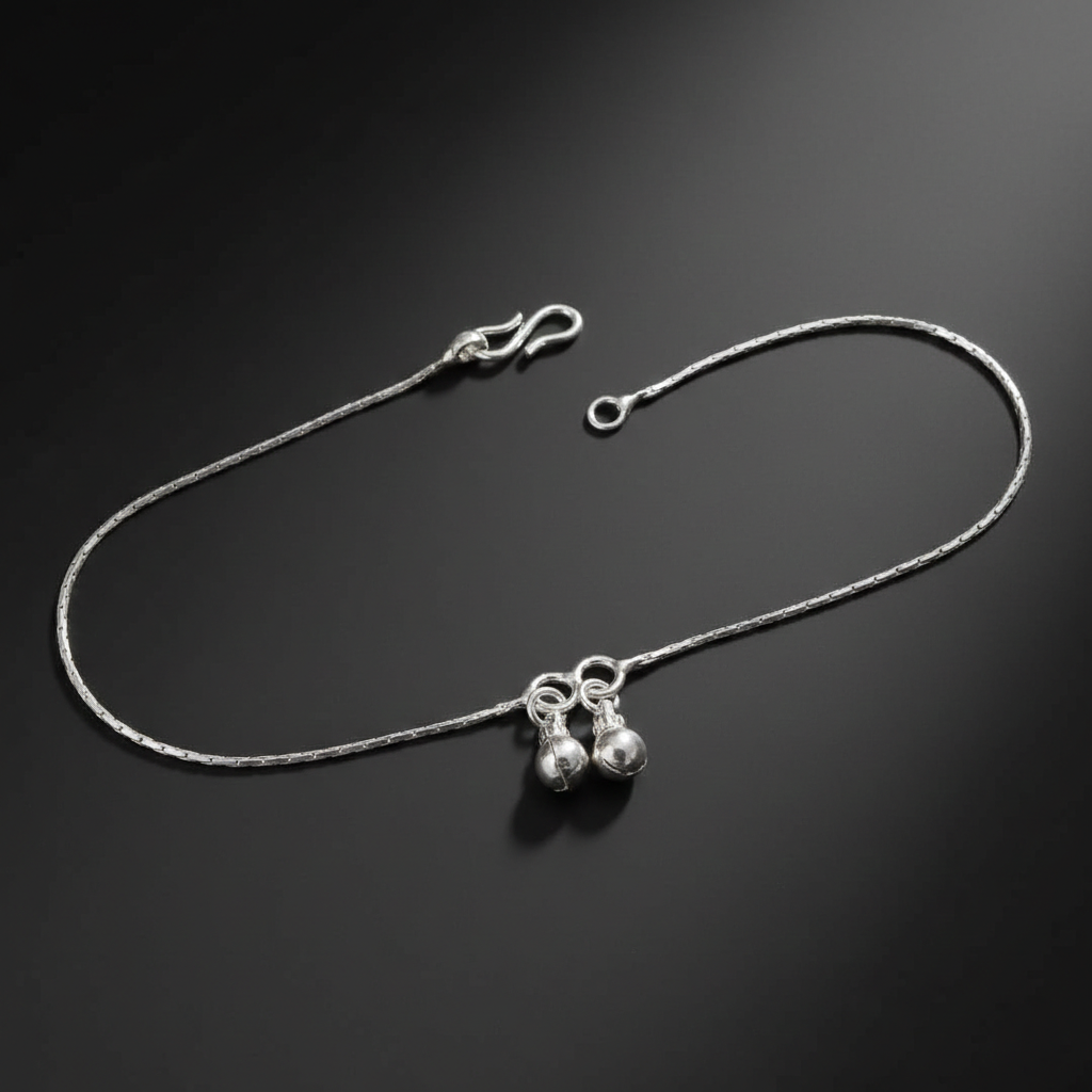 Elegant Plain Chain Silver Anklet with Ghungroo