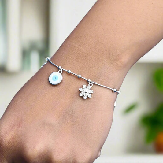 Evil Eye Flower Silver Bracelet for women