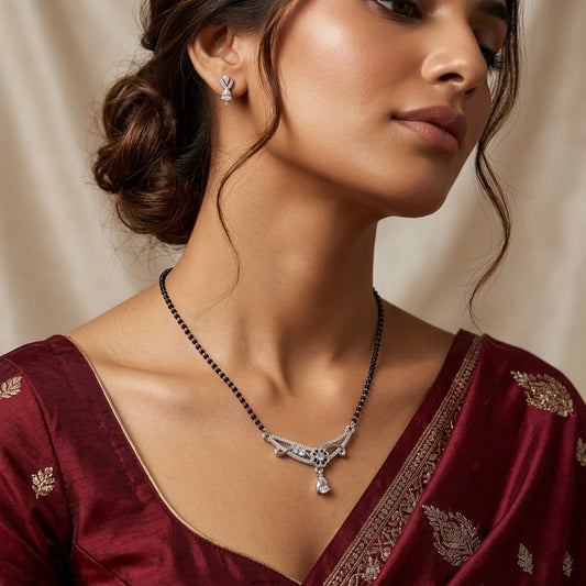 Exquisite Floral Design Silver Mangalsutra with White Gemstone