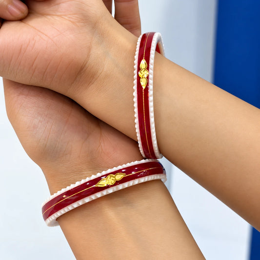 Gold Small Swastika Design light and Dark Red Bangle.