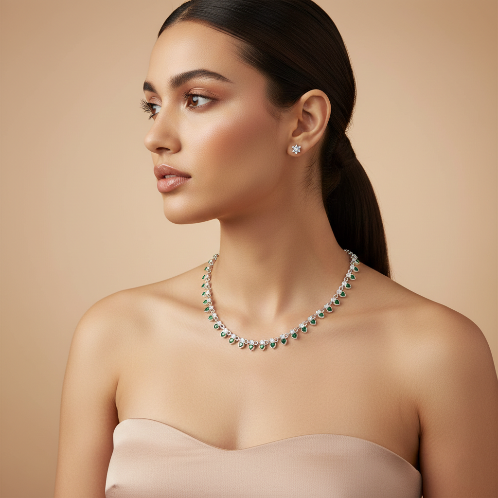 Green Heart Stone Silver Necklace for Girls & Women