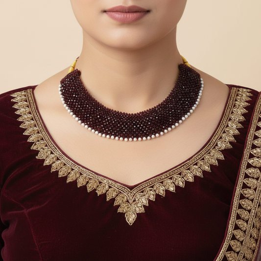 Handmade Green/Maroon Chatai Necklace with Pearl Border