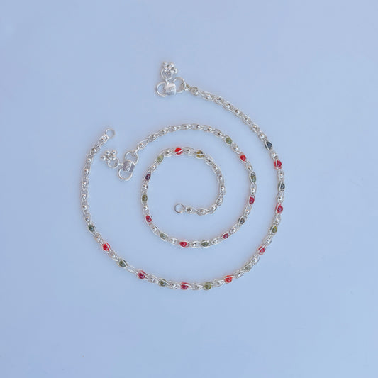 Stylish silver chain payal for girls with multicolored beads.