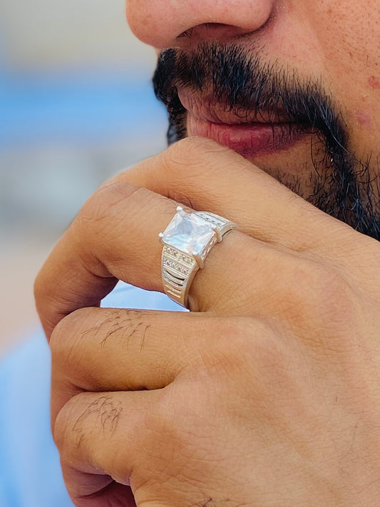 Elegant silver ring with a single white stone, designed for men and boys.