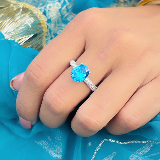 Sterling Silver Ring with Large Ocean Blue Stone Center for Women