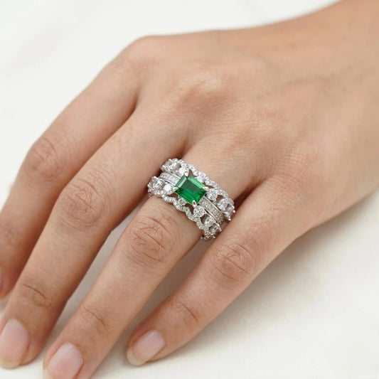 Luxury Emerald Cut Green Stone Diamond Eternity Ring for Women