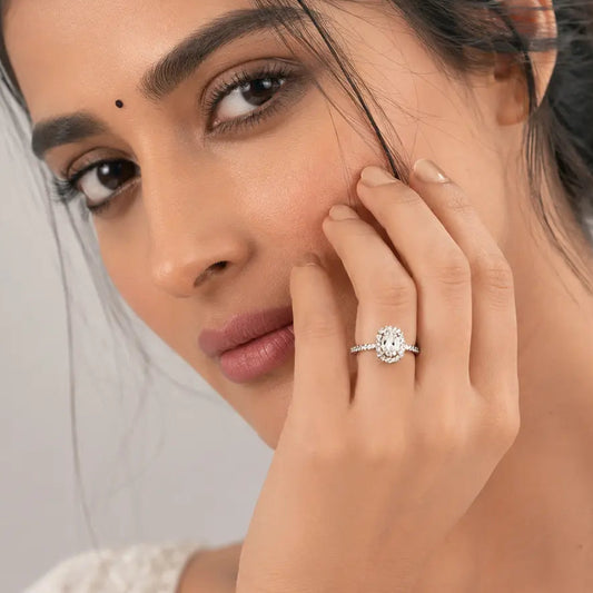 Luxury Oval Halo Diamond Ring with Pavé Band – Elegant Silver Tone Statement Ring