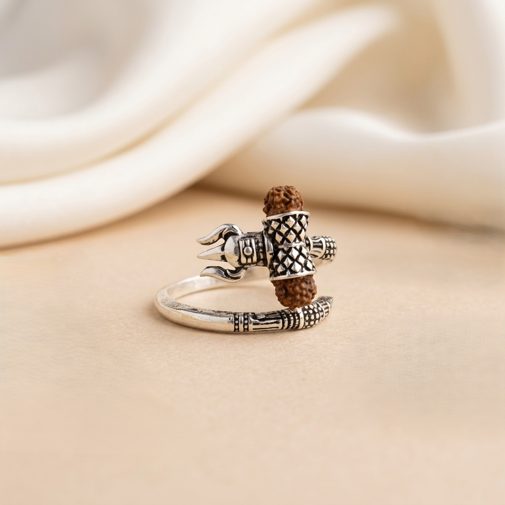 Mahadev Trishul Rudraksha Silver Spiral Ring