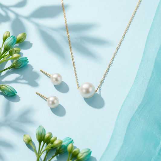 Silver Pearl Stud Earrings with Matching Pearl Pendant Necklace