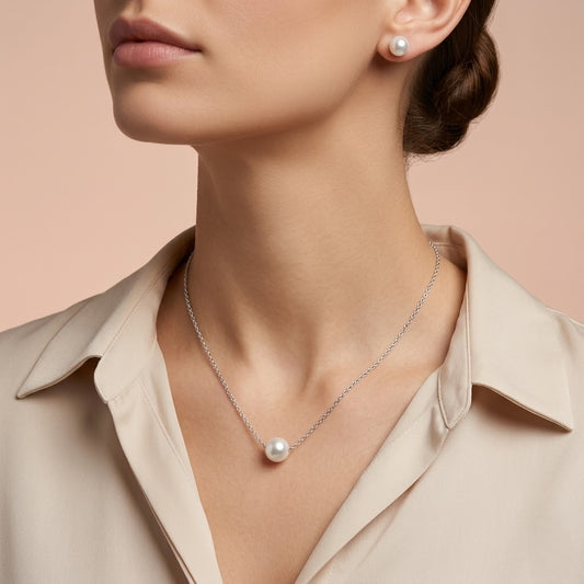 Silver Pearl Stud Earrings with Matching Pearl Pendant Necklace