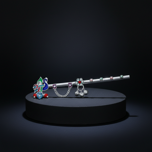 Peacock Inspired Silver Flute Divine Krishna with Beads & Charms