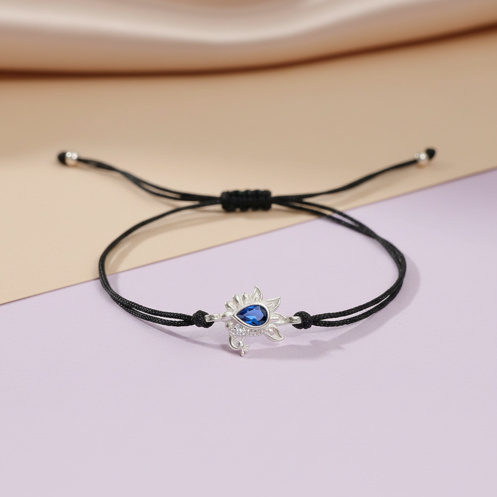 Peacock Blue Drop Stone Design Silver Thread Anklet