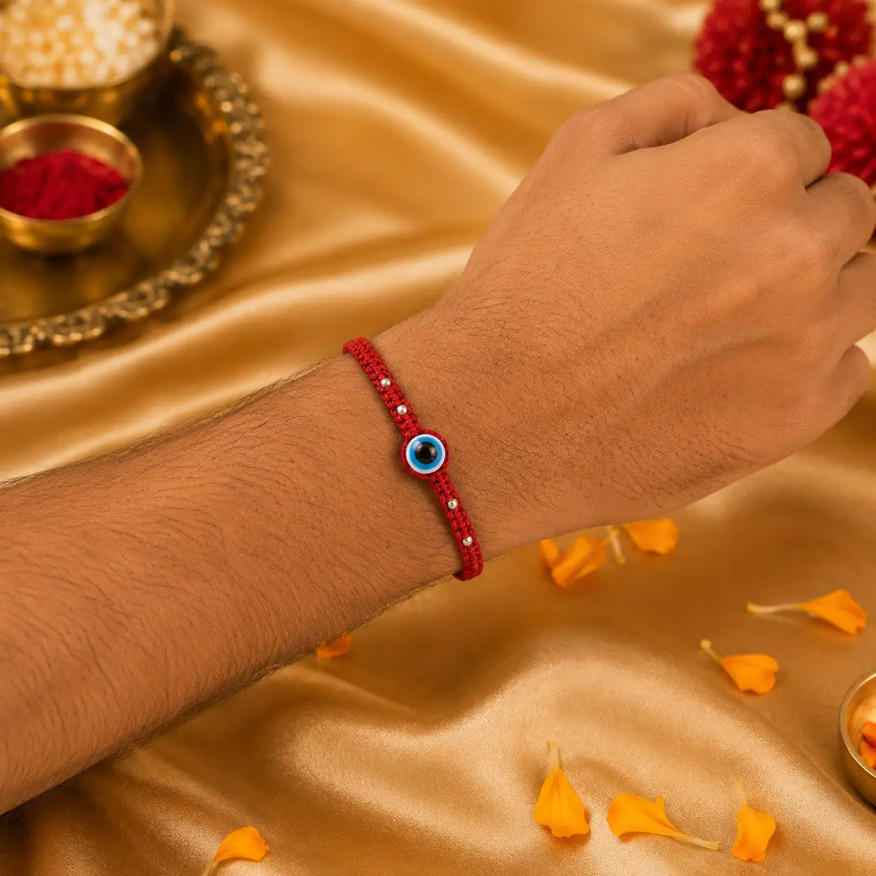 Premium evil eye rakhi with red thread placed on cushion with golden festive background, diya and kumkum for Raksha Bandhan