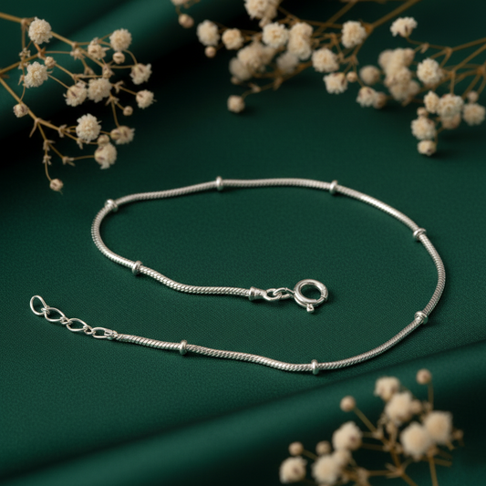 Pure Silver Snake Chain Bracelet with Bead Spacers