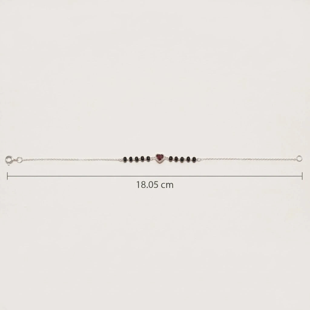 Red Heart Charm Black Beads Silver Bracelet