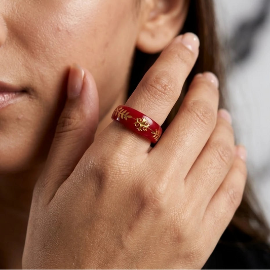 Red Heritage Band Ring with Gold Floral Motif Design