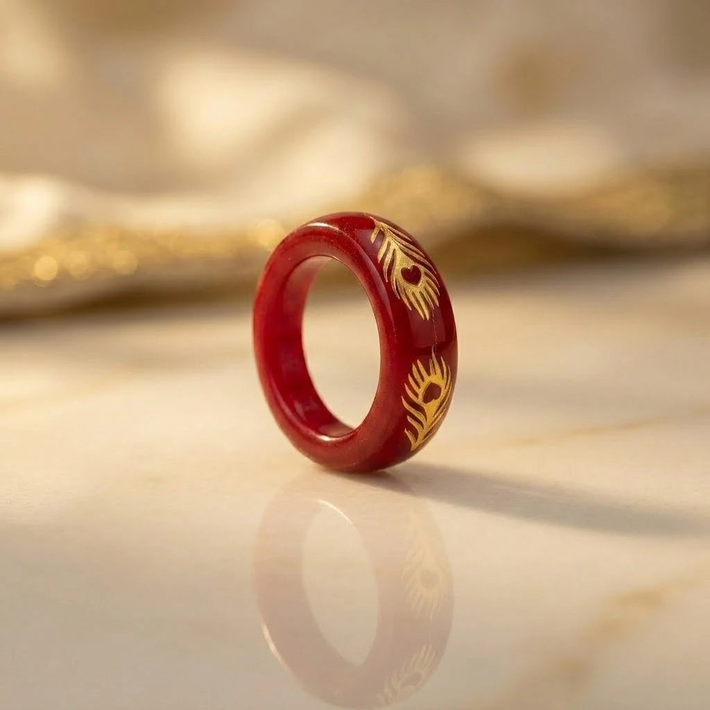 Red Peacock Feather Spiritual Band Ring – Traditional Decorative Ring