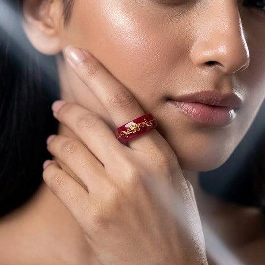 Red Resin Ring with Gold Floral Design
