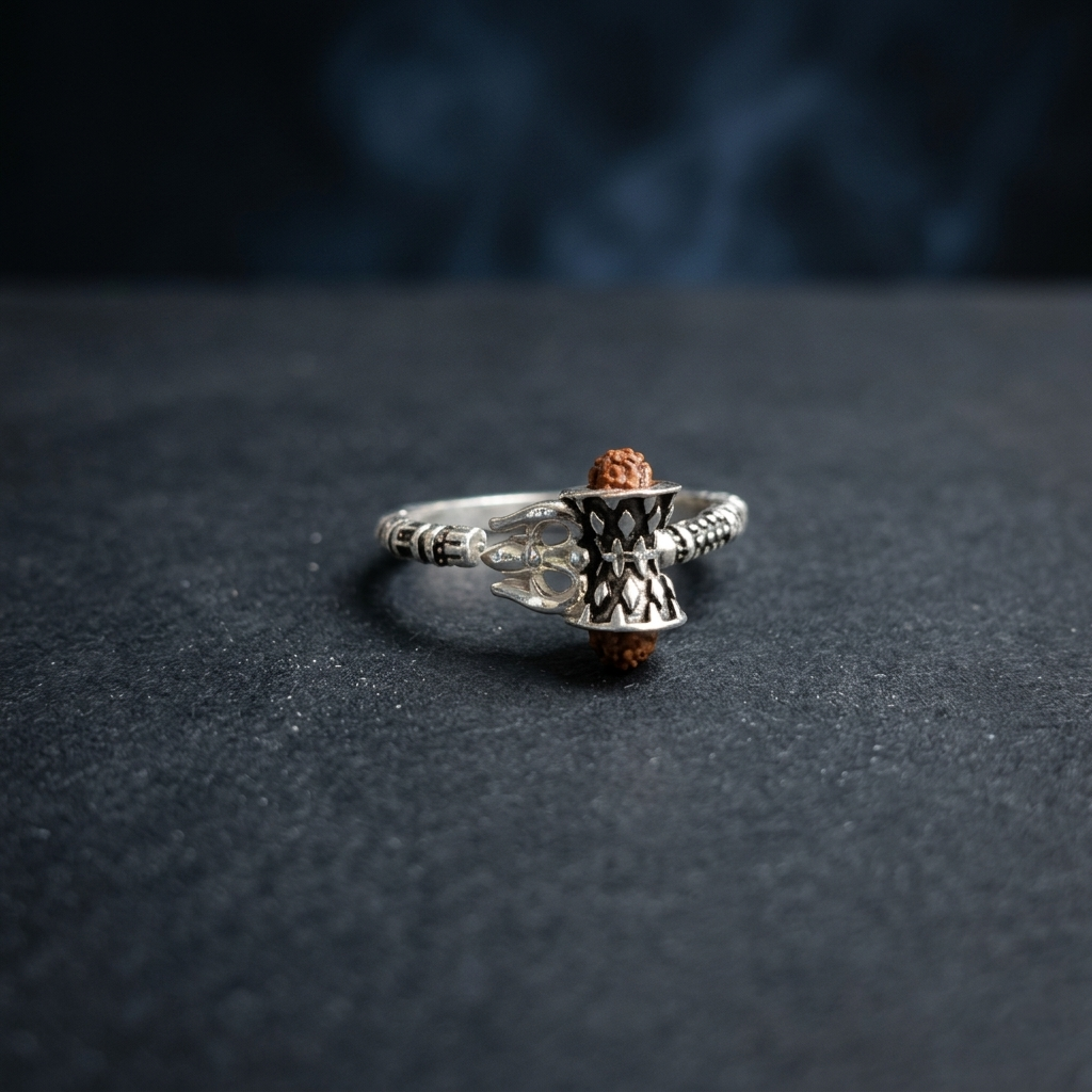 Shiv Silver Damru Ring with Rudraksha Bead
