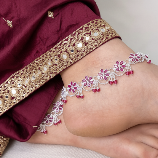 Silver Floral Ruby Payal Elegant Flower Design Anklet with Pink Stones