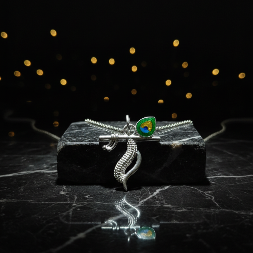 Silver Krishna Flute Pendant with Morpankh Design